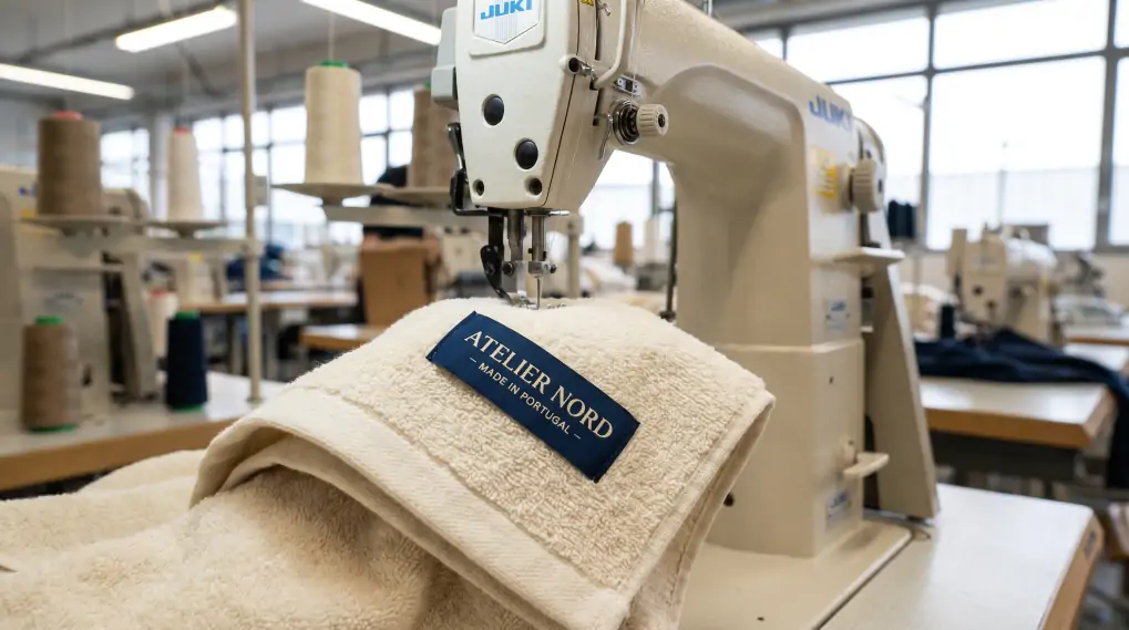 Industrial sewing machine stitching custom woven label onto premium beach towel