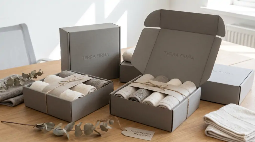 Elegant custom branded packaging for promotional towels with FSC certified sustainable materials