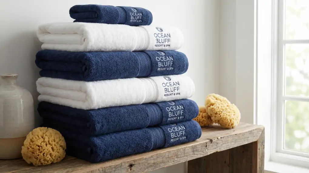 Stack of premium custom logo bath towels in hotel white and blue colors neatly folded