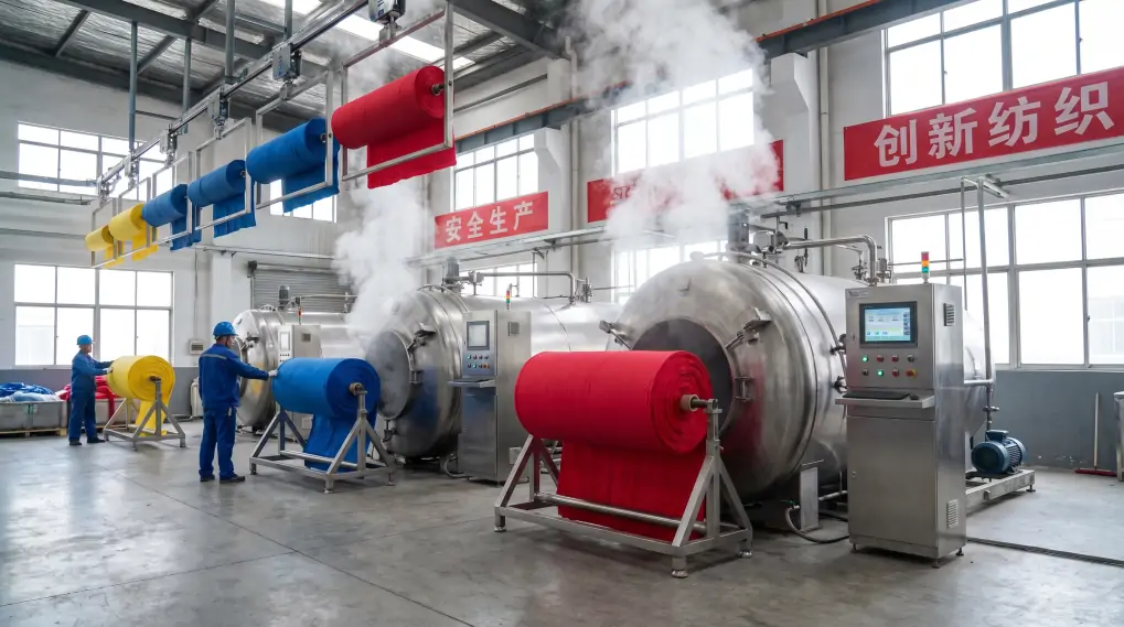 Industrial VAT dyeing process in modern textile factory for consistent color production