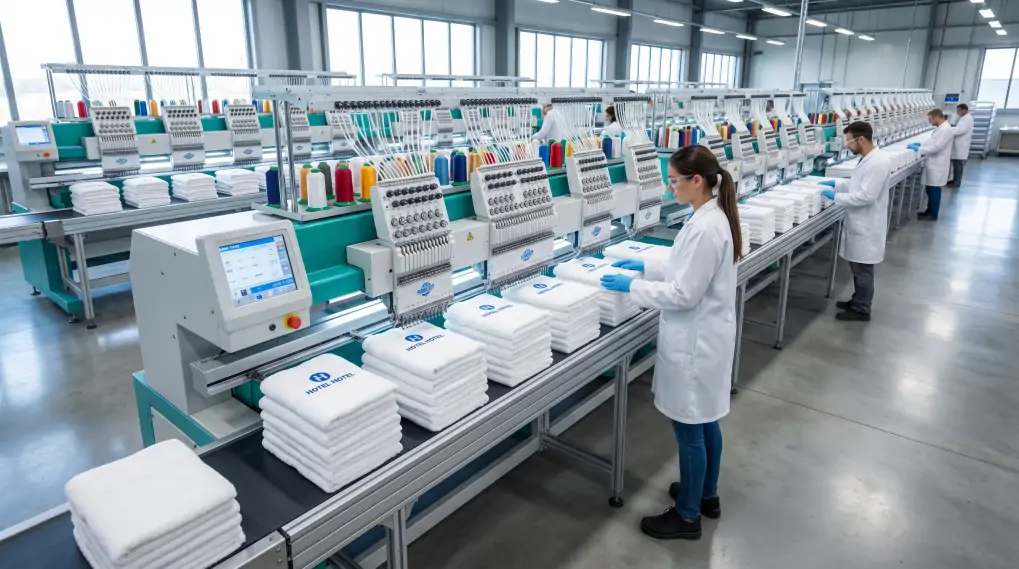 Industrial multi-head embroidery machine stitching luxury hotel logo onto premium towel