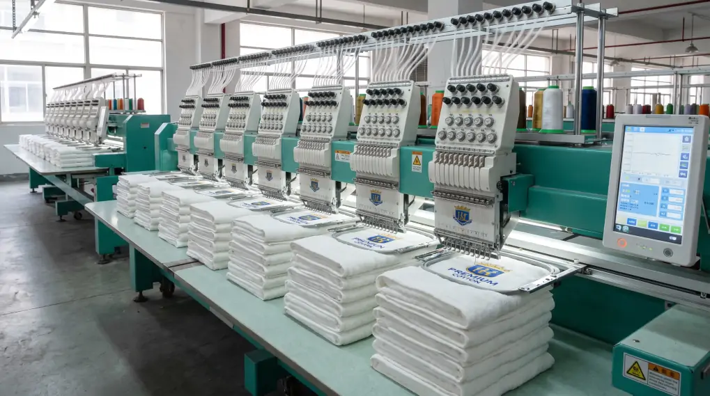 Industrial multi-head embroidery machine stitching logo on premium white towels in high-speed production