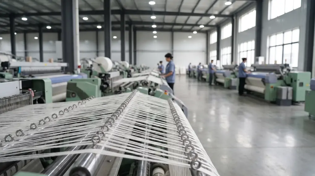Modern industrial weaving floor in a Chinese textile factory showing high-speed looms processing cotton yarn for towel manufacturing