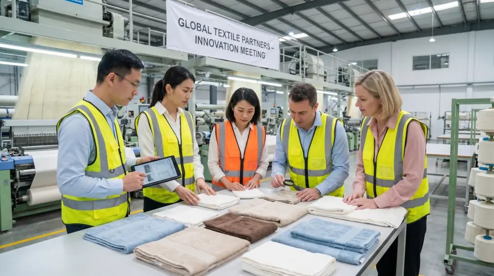 B2B textile factory partnership meeting engineers and buyers reviewing custom towel production samples in modern manufacturing facility