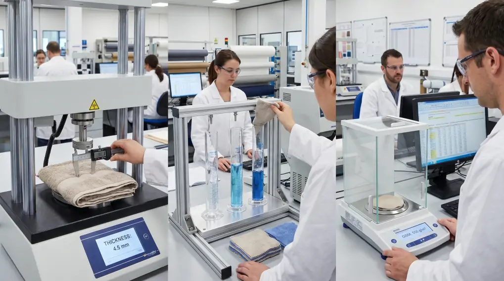 Industrial quality control testing of towel thickness and absorbency in textile laboratory