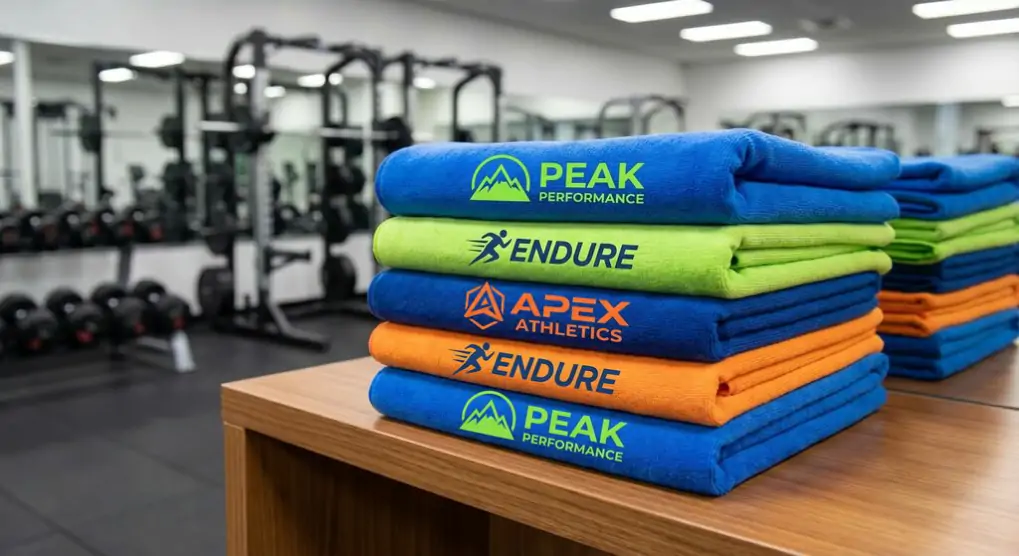 Premium custom printed microfiber sports towels displayed in professional gym setting