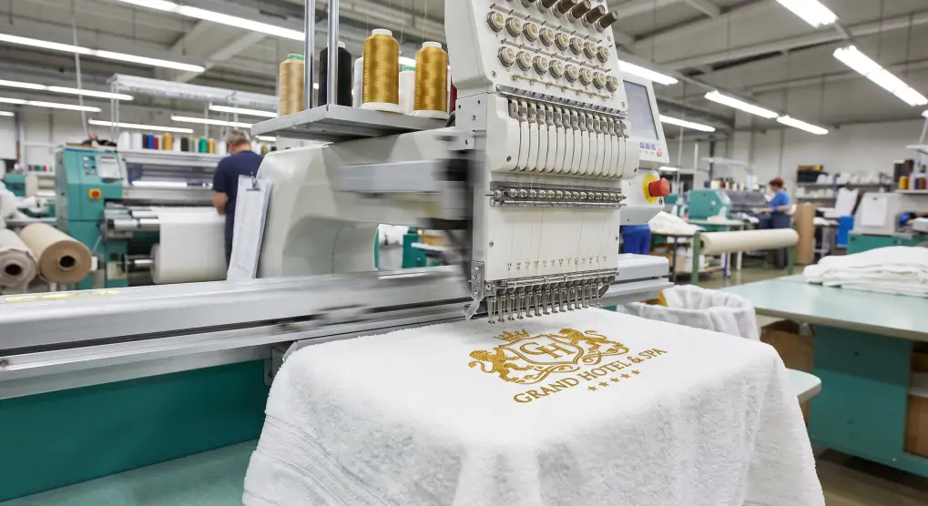 Industrial embroidery machine applying luxury hotel logo to thick bath towel