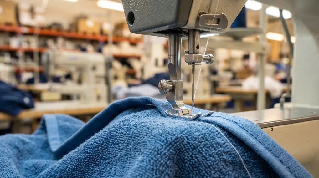 Industrial sewing machine stitching clean hem on thick blue towel with precision