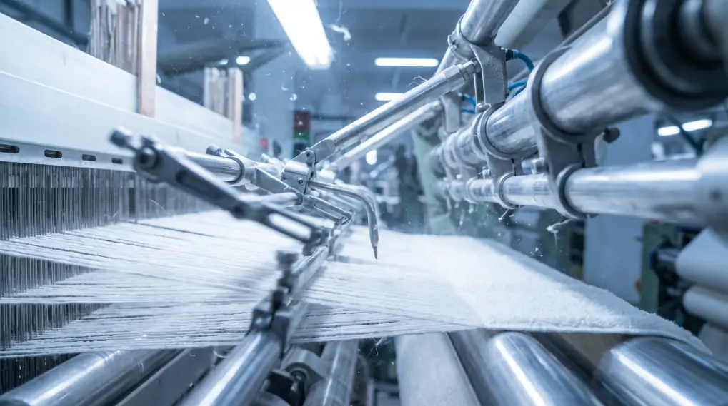 Extreme close-up of high-speed industrial air-jet looms weaving white cotton towels with silver mechanical parts