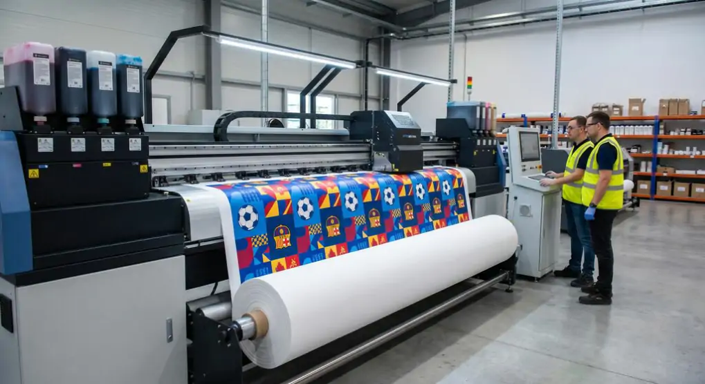 Industrial digital textile printing machine processing microfiber fabric with vibrant sports patterns