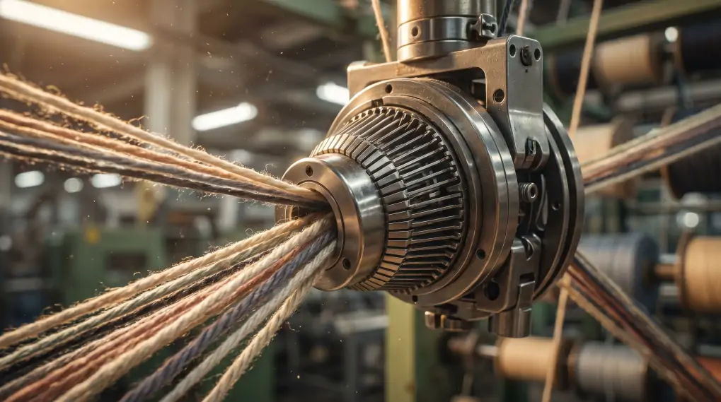 Industrial jacquard loom needle head showing intricate weaving process with high-tensile cotton yarn