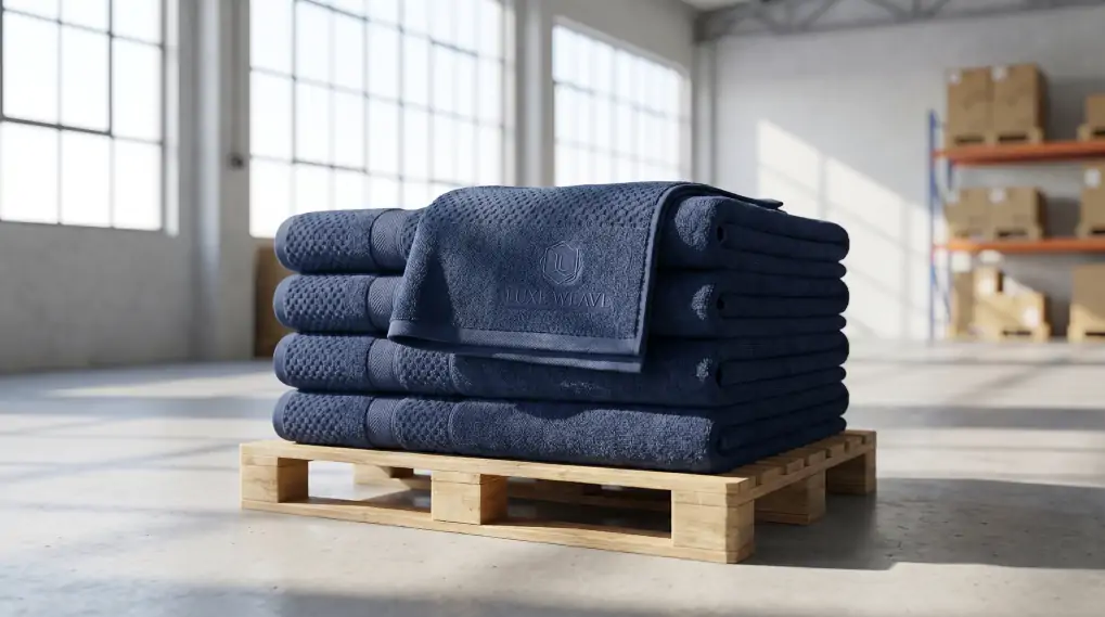 Stack of folded luxury navy blue jacquard towels showing visible woven logo texture