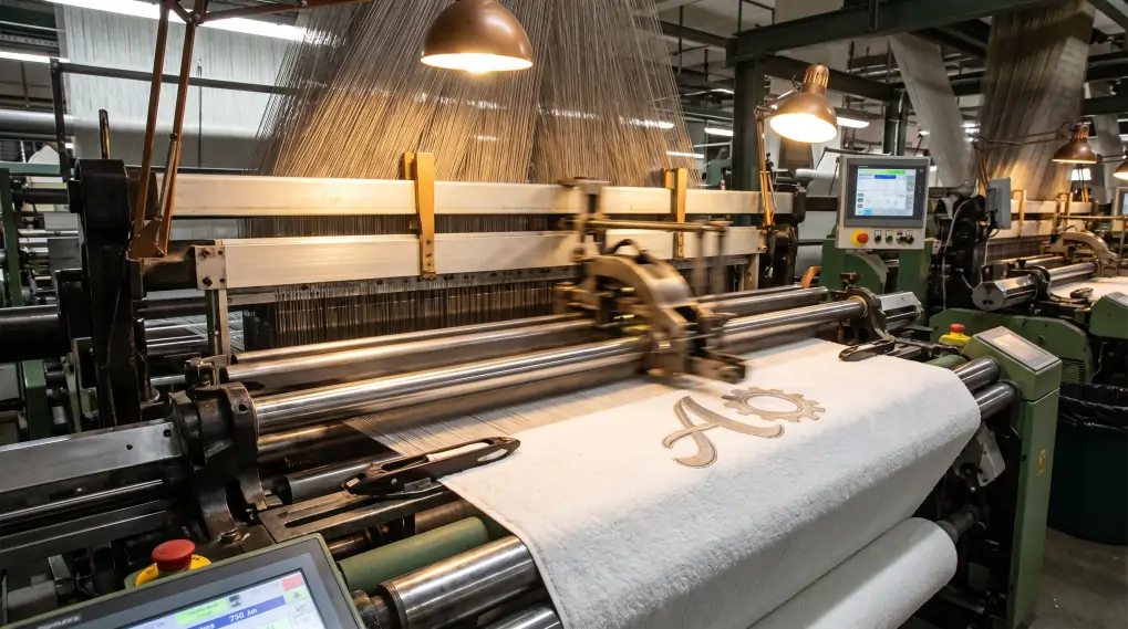 High-speed industrial Jacquard loom weaving a complex logo into a thick white towel with precision mechanical movement