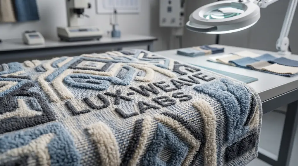 Macro close-up of high-density jacquard woven towel texture showing intricate yarn-dyed logo patterns