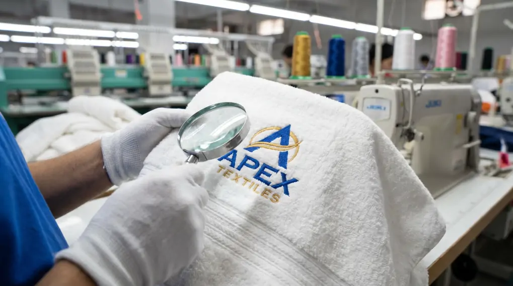 Close-up of skilled worker inspecting custom logo embroidery on premium promotional towel