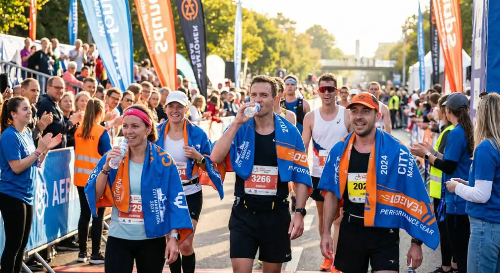 Athletes at marathon event using custom printed microfiber sports towels for post-race recovery