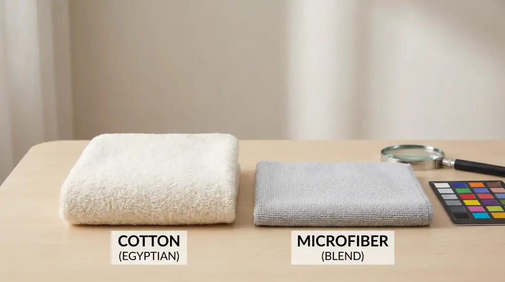 Professional comparison of cotton and microfiber promotional towels showing material quality differences