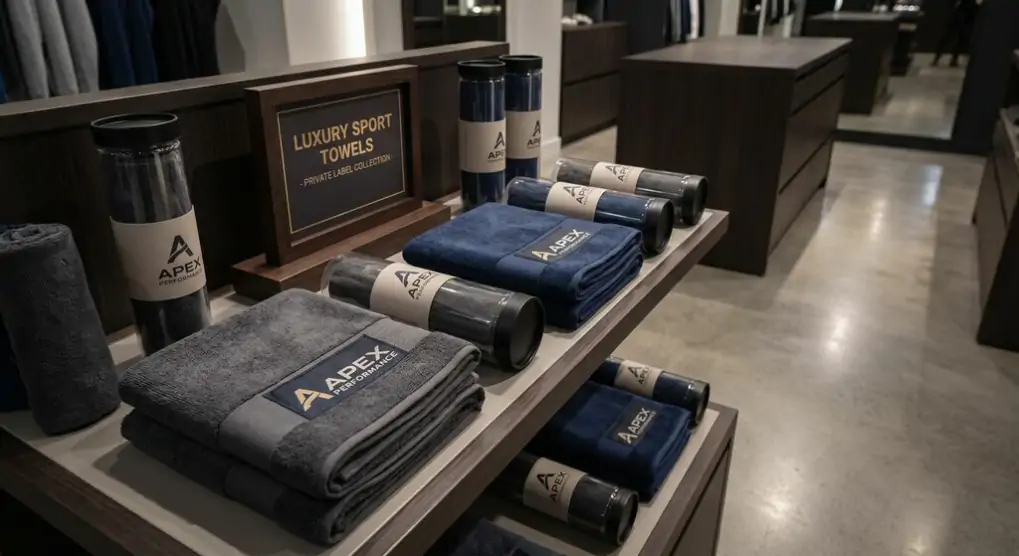Private label microfiber sports towels with custom woven brand tags and luxury retail packaging