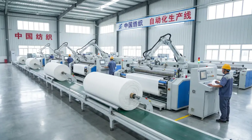 Modern automated textile production line in clean Chinese factory environment