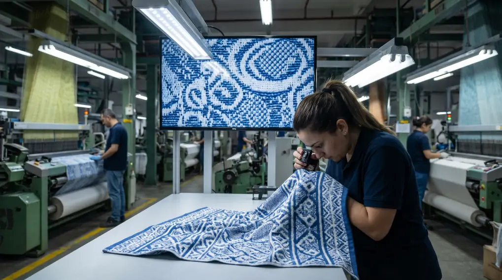 Quality control inspection of jacquard towels showing magnified weave pattern analysis