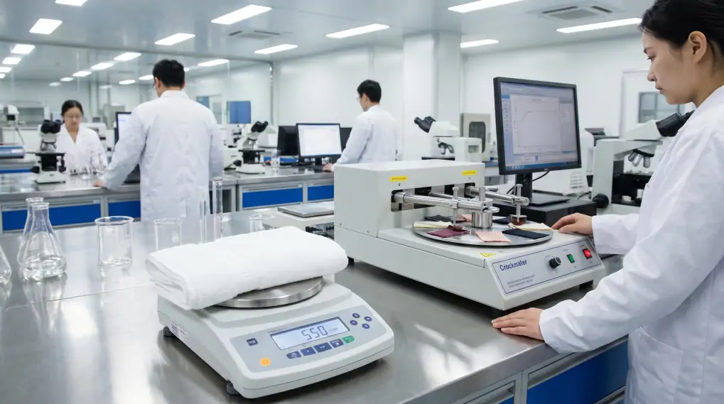 Professional textile quality control laboratory testing GSM and colorfastness standards
