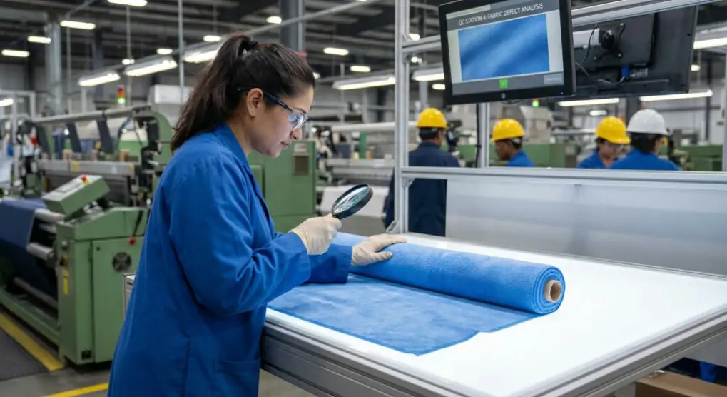 Quality control inspector examining microfiber textile fabric with magnifying glass in factory