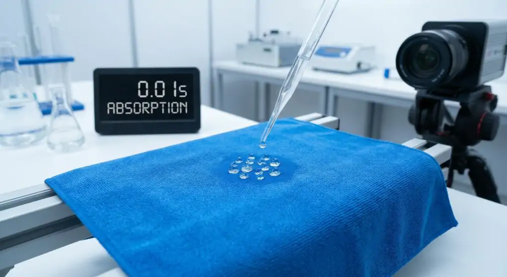 Quick dry performance test showing microfiber sports towel instant water absorption in laboratory