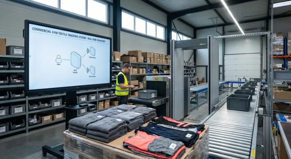 Warehouse inventory management with RFID technology tracking textile products for commercial gym facilities
