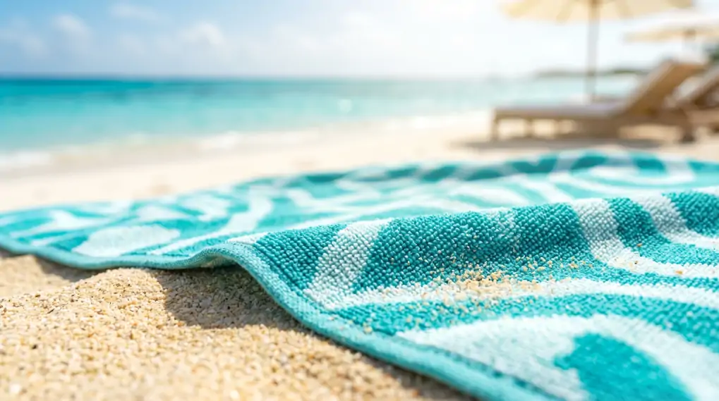 Sand-free microfiber beach towel texture showing tight-knit weave structure on beach