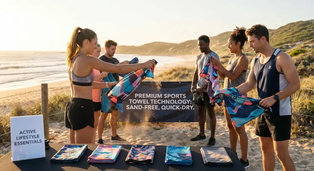 Athletes using sand-free microfiber towels at beach demonstrating outdoor fitness towel technology