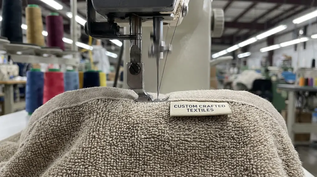 Precision sewing and finishing processes with custom woven labels for promotional towels