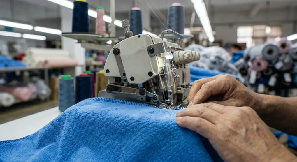 Precision sewing and hemming of microfiber sports towels in textile factory setting