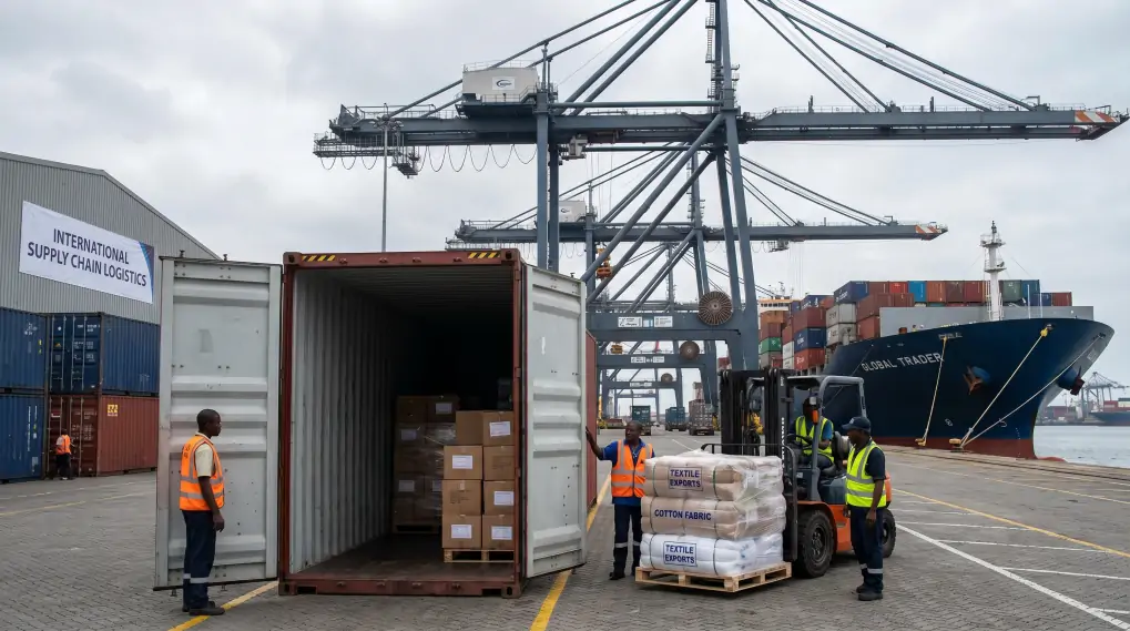 Cargo container being loaded with packaged textile products for international shipping