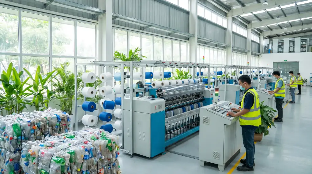 Sustainable textile manufacturing facility showing recycled polyester yarn production