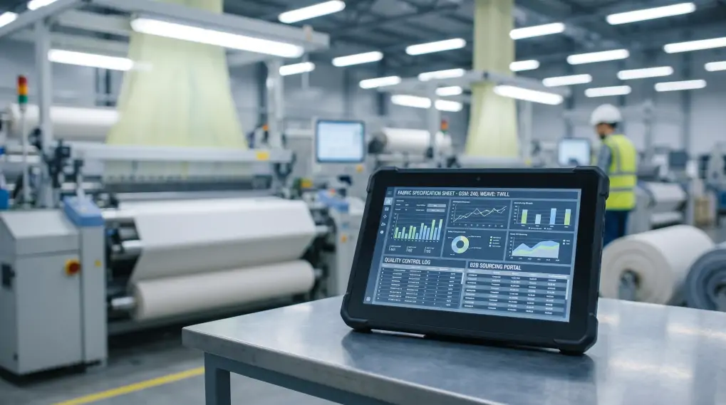 Digital tablet showing textile production specifications and GSM measurements