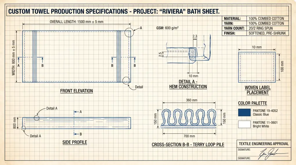 Technical design blueprint for custom towel production showing detailed measurements and specifications