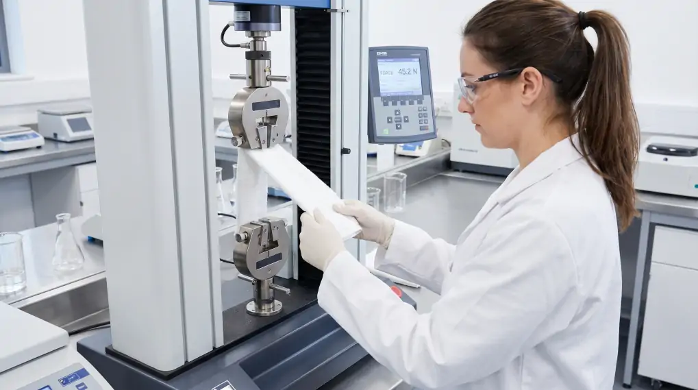 Textile laboratory technician testing towel fiber strength with industrial equipment