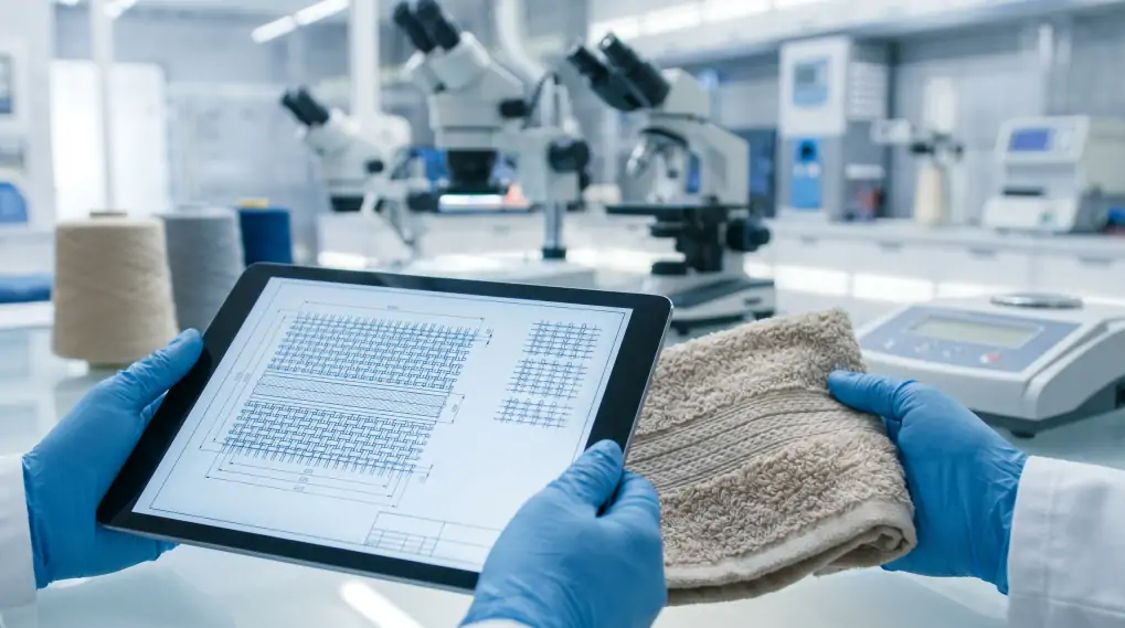 Textile engineer validating custom towel production samples comparing digital tablet blueprint to physical fabric sample