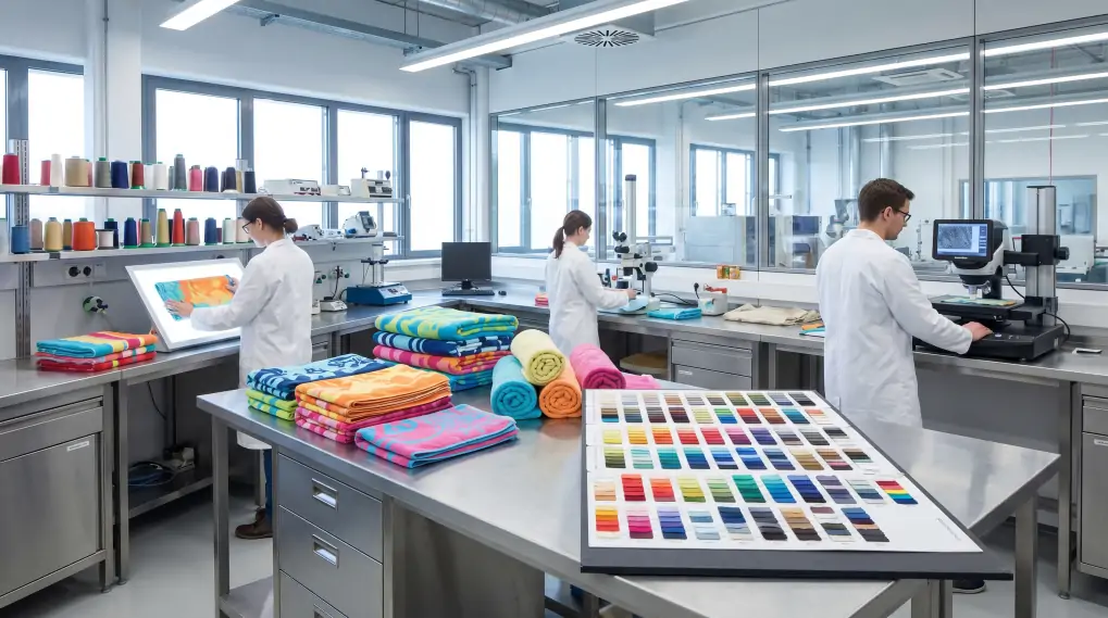 Modern textile laboratory with color swatches and fabric samples for quality control