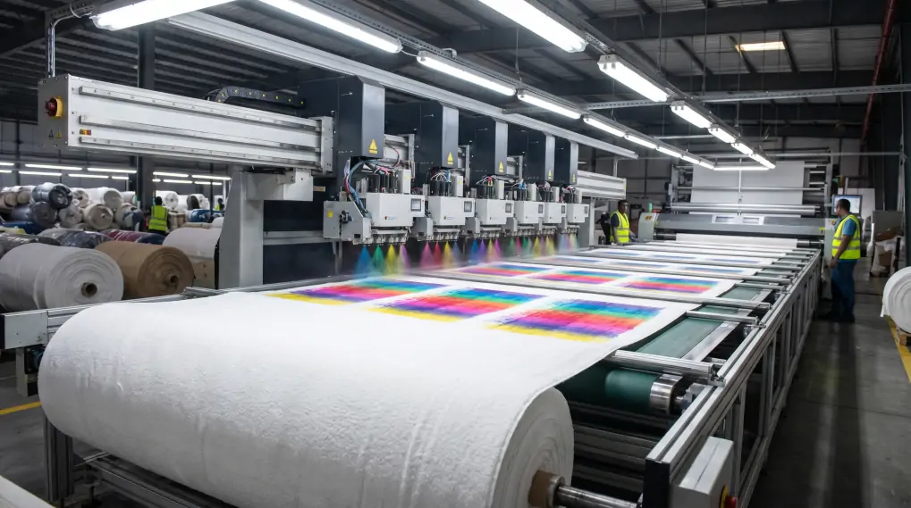 Industrial printing machine applying vibrant reactive dye to beach towel fabric