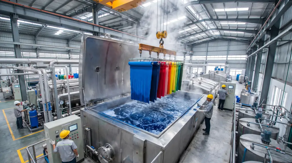 Industrial VAT dyeing machine with colorful fabric being dyed in large commercial textile factory