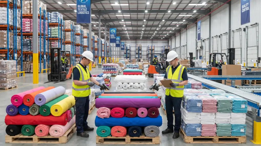 Warehouse workers checking inventory of textile rolls and towel bundles