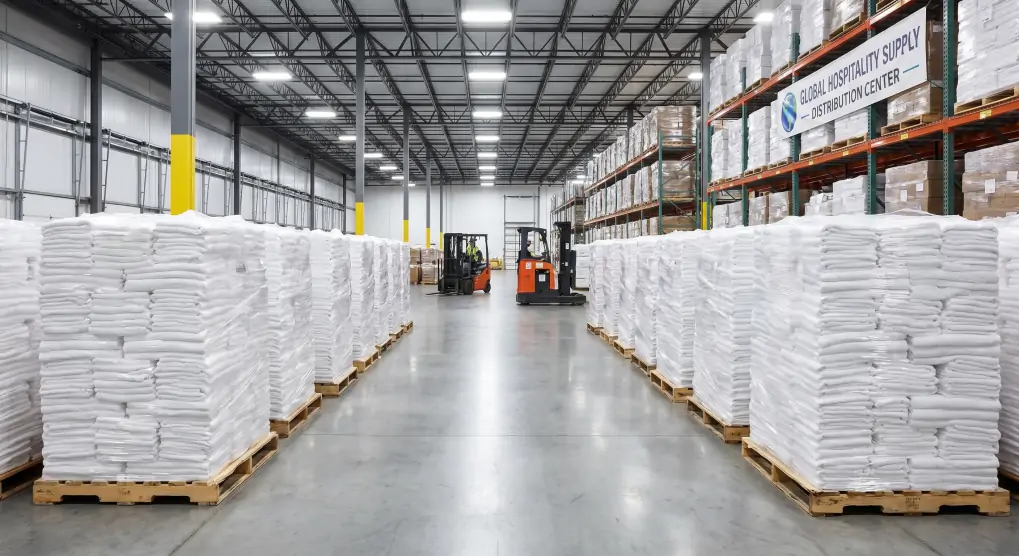 Professional warehouse inventory management with organized stacks of packaged promotional towels on pallets