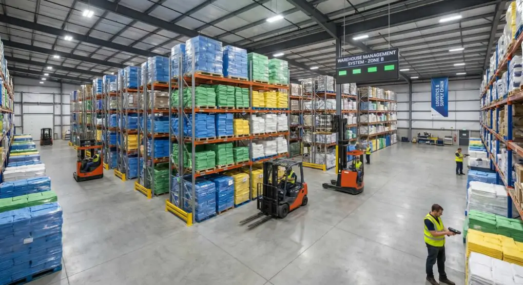 Warehouse facility with neatly stacked bulk microfiber towels inventory for efficient logistics