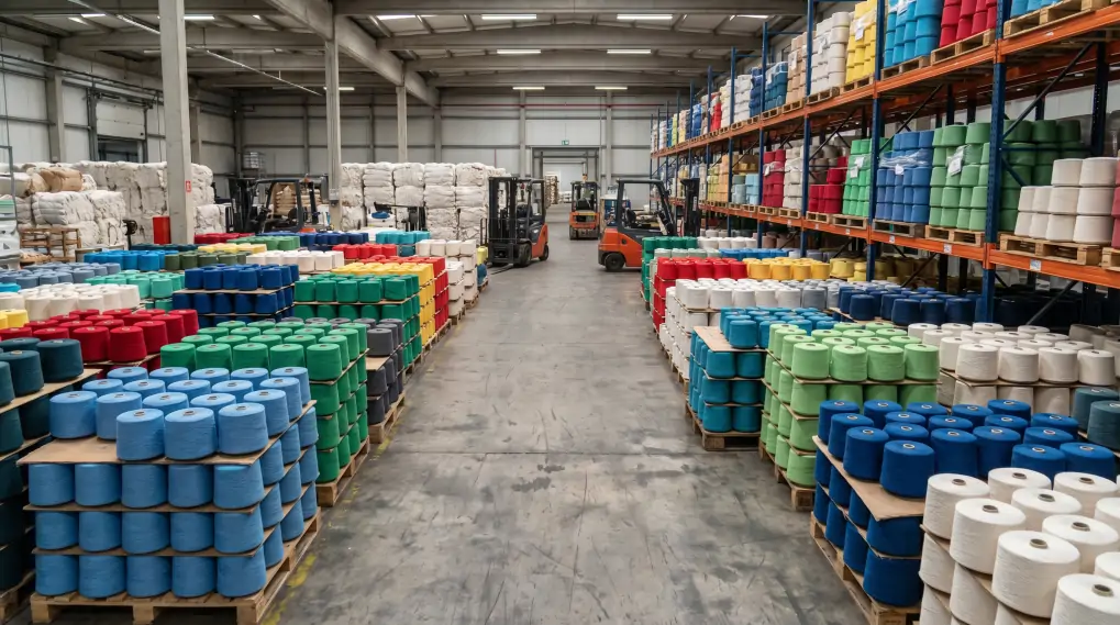 Stacked rolls of colorful cotton yarn in factory warehouse for towel production