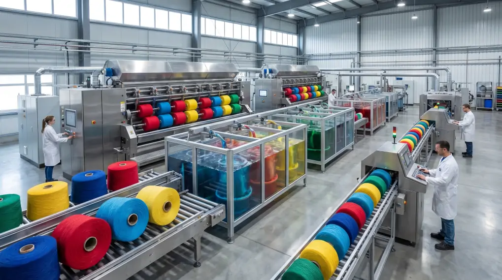 Industrial yarn-dyeing facility with vibrant yarn spools on production line