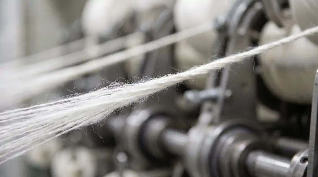 Close-up of premium ring-spun cotton yarn being processed on textile spinning machine for towel manufacturing