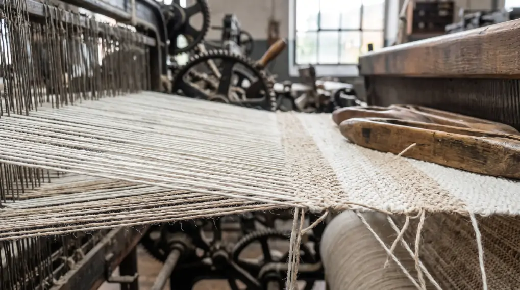 Close-up macro shot of cotton yarn threads on industrial loom showing warp and weft structure
