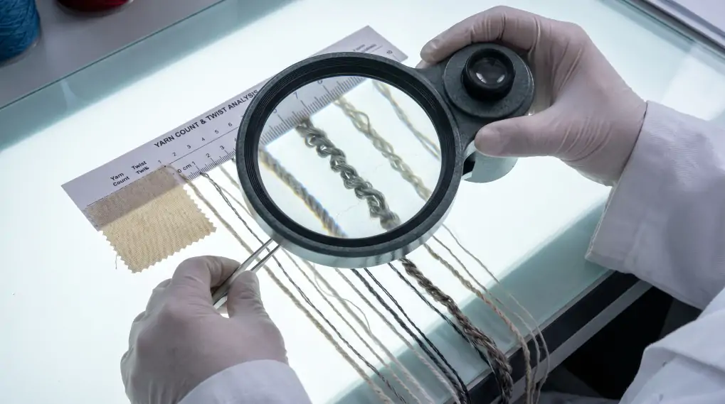 Close-up of various yarn threads being analyzed showing different yarn counts and twists for textile quality inspection